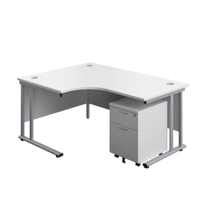 Twin Upright Left Hand Radial Desk + Mobile 2 Drawer Pedestal (FSC) | 1600X1200 | White/Silver