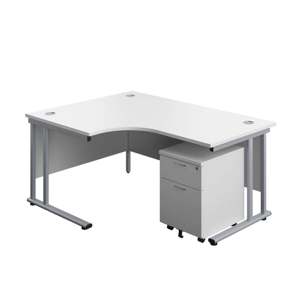 Twin Upright Left Hand Radial Desk + Mobile 2 Drawer Pedestal (FSC) | 1600X1200 | White/Silver
