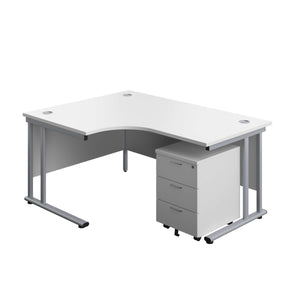 Twin Upright Left Hand Radial Desk + Mobile 3 Drawer Pedestal (FSC) | 1600X1200 | White/Silver