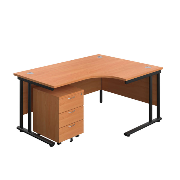 Twin Upright Right Hand Radial Desk + Mobile 3 Drawer Pedestal (FSC) | 1600X1200 | Beech/Black