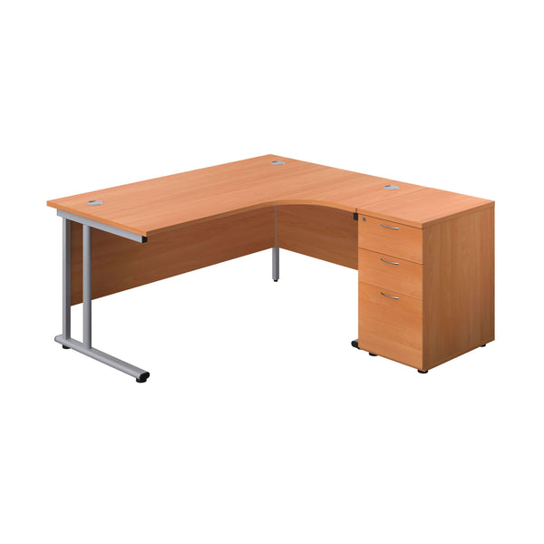 Twin Upright Right Hand Radial Desk + Desk High 3 Drawer Pedestal (FSC) | 1600X1200 | 600mm Deep Pedestal | Beech/Silver