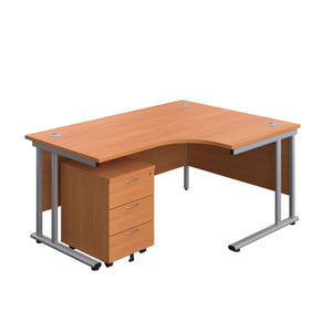Twin Upright Right Hand Radial Desk + Mobile 3 Drawer Pedestal (FSC) | 1600X1200 | Beech/Silver