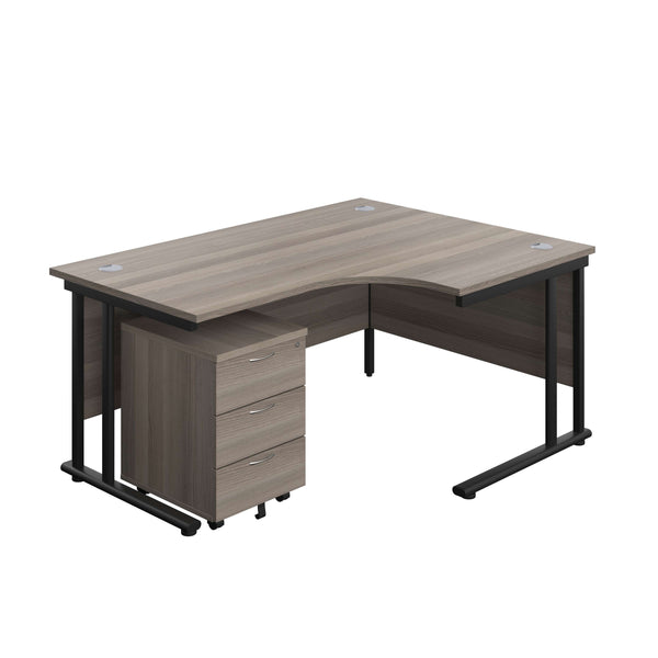Twin Upright Right Hand Radial Desk + Mobile 3 Drawer Pedestal (FSC) | 1600X1200 | Grey Oak/Black