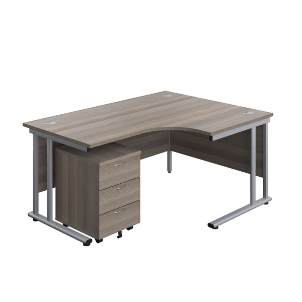 Twin Upright Right Hand Radial Desk + Mobile 3 Drawer Pedestal (FSC) | 1600X1200 | Grey Oak/Silver