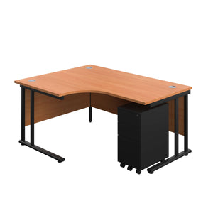 Twin Upright Right Hand Radial Desk + Under Desk Steel Pedestal 3 Drawers (FSC) | 1600X1200 | Beech/Black