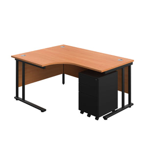 Twin Upright Right Hand Radial Desk + Slimline Steel Pedestal 3 Drawers (FSC) | 1600X1200 | Beech/Black