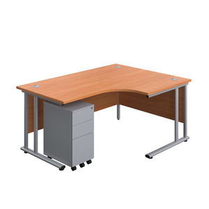 Twin Upright Right Hand Radial Desk + Slimline Steel Pedestal 3 Drawers (FSC) | 1600X1200 | Beech/Silver
