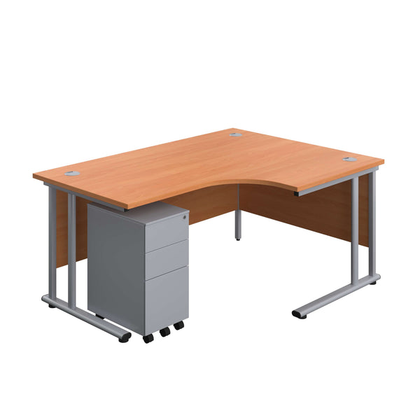 Twin Upright Right Hand Radial Desk + Slimline Steel Pedestal 3 Drawers (FSC) | 1600X1200 | Beech/Silver