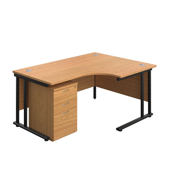 Twin Upright Right Hand Radial Desk + High Mobile Pedestal 3 Drawer (FSC) | 1600X1200 | Nova Oak/Black