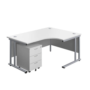 Twin Upright Right Hand Radial Desk + Mobile 3 Drawer Pedestal (FSC) | 1600X1200 | White/Silver