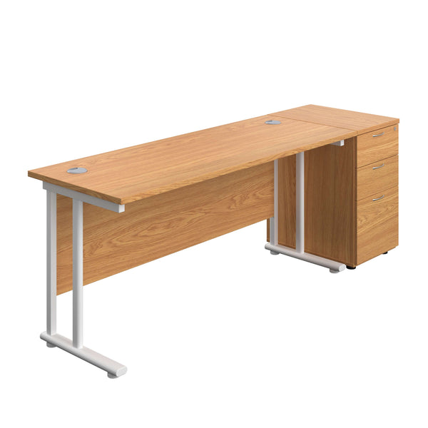Twin Upright Rectangular Desk + Desk High 3 Drawer Pedestal (FSC) | 1600X600 | Nova Oak/White