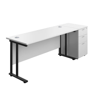 Twin Upright Rectangular Desk + Desk High 3 Drawer Pedestal (FSC) | 1600X600 | White/Black