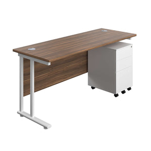 Twin Upright Rectangular Desk + Under Desk Steel Pedestal 3 Drawers (FSC) | 1600X600 | Dark Walnut/White