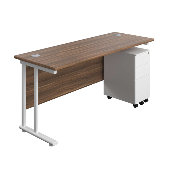 Twin Upright Rectangular Desk + Slimline Steel Pedestal 3 Drawers (FSC) | 1600X600 | Dark Walnut/White