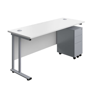 Twin Upright Rectangular Desk + Slimline Steel Pedestal 3 Drawers (FSC) | 1600X600 | White/Silver