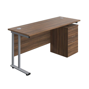 Twin Upright Rectangular Desk + High Mobile Pedestal 3 Drawer (FSC) | 1600X600 | Dark Walnut/Silver