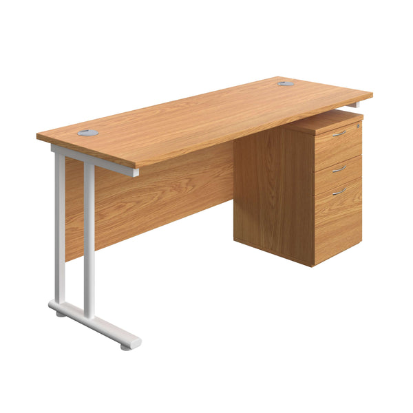 Twin Upright Rectangular Desk + High Mobile Pedestal 3 Drawer (FSC) | 1600X600 | Nova Oak/White