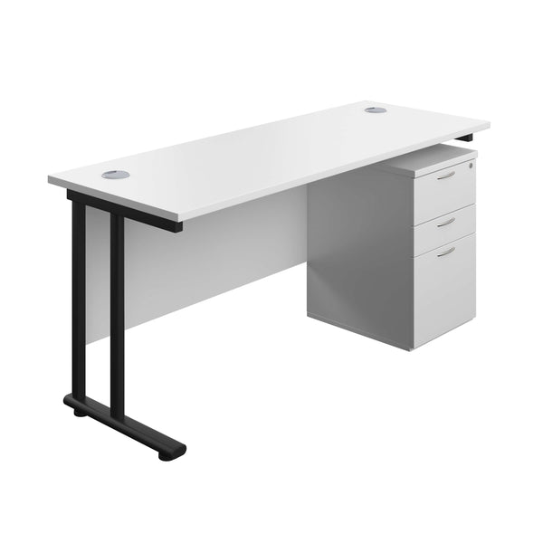 Twin Upright Rectangular Desk + High Mobile Pedestal 3 Drawer (FSC) | 1600X600 | White/Black