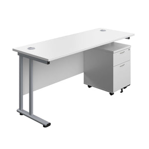 Twin Upright Rectangular Desk + Mobile 2 Drawer Pedestal (FSC) | 1600X600 | White/Silver
