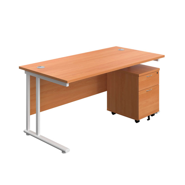 Twin Upright Rectangular Desk + Mobile 2 Drawer Pedestal (FSC) | 1600X800 | Beech/White