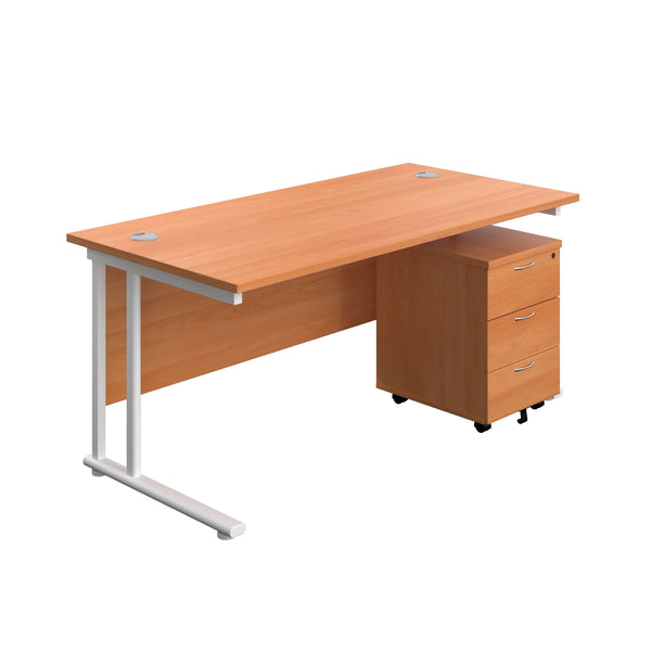 Twin Upright Rectangular Desk + Mobile 3 Drawer Pedestal (FSC) | 1600X800 | Beech/White
