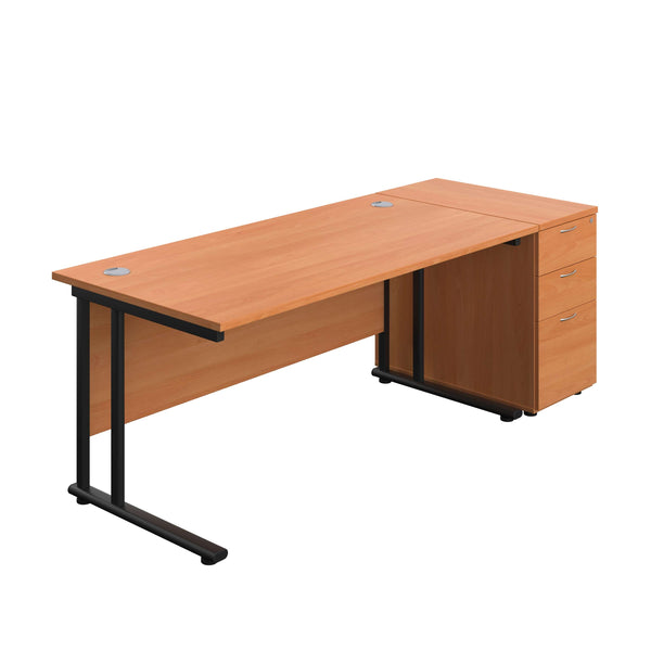 Twin Upright Rectangular Desk + Desk High 3 Drawer Pedestal (FSC) | 1600X800 | Beech/Black