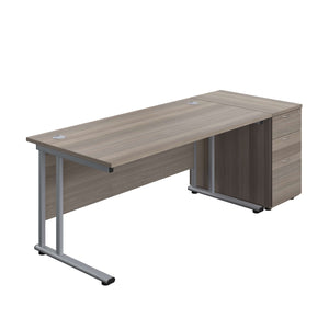 Twin Upright Rectangular Desk + Desk High 3 Drawer Pedestal (FSC) | 1600X800 | Grey Oak/Silver