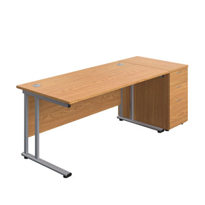 Twin Upright Rectangular Desk + Desk High 3 Drawer Pedestal (FSC) | 1600X800 | Nova Oak/Silver