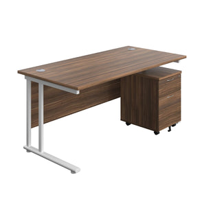 Twin Upright Rectangular Desk + Mobile 2 Drawer Pedestal (FSC) | 1600X800 | Dark Walnut/White