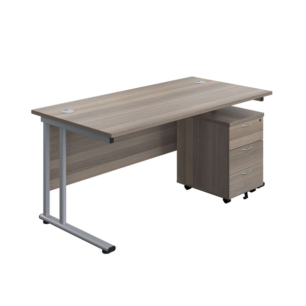 Twin Upright Rectangular Desk + Mobile 3 Drawer Pedestal (FSC) | 1600X800 | Grey Oak/Silver