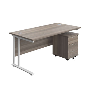 Twin Upright Rectangular Desk + Mobile 3 Drawer Pedestal (FSC) | 1600X800 | Grey Oak/White