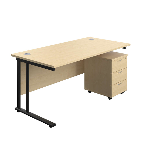 Twin Upright Rectangular Desk + Mobile 3 Drawer Pedestal (FSC) | 1600X800 | Maple/Black
