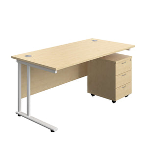 Twin Upright Rectangular Desk + Mobile 3 Drawer Pedestal (FSC) | 1600X800 | Maple/White