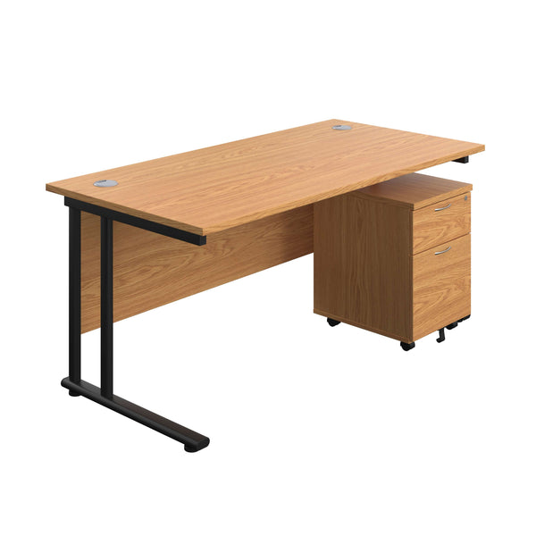 Twin Upright Rectangular Desk + Mobile 2 Drawer Pedestal (FSC) | 1600X800 | Nova Oak/Black