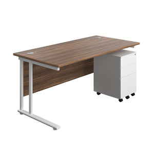 Twin Upright Rectangular Desk + Under Desk Steel Pedestal 3 Drawers (FSC) | 1600X800 | Dark Walnut/White