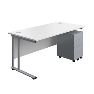 Twin Upright Rectangular Desk + Under Desk Steel Pedestal 3 Drawers (FSC) | 1600X800 | White/Silver