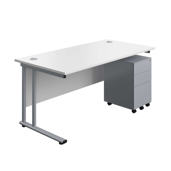 Twin Upright Rectangular Desk + Under Desk Steel Pedestal 3 Drawers (FSC) | 1600X800 | White/Silver
