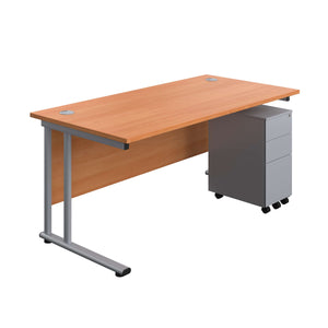 Twin Upright Rectangular Desk + Slimline Steel Pedestal 3 Drawers (FSC) | 1600X800 | Beech/Silver