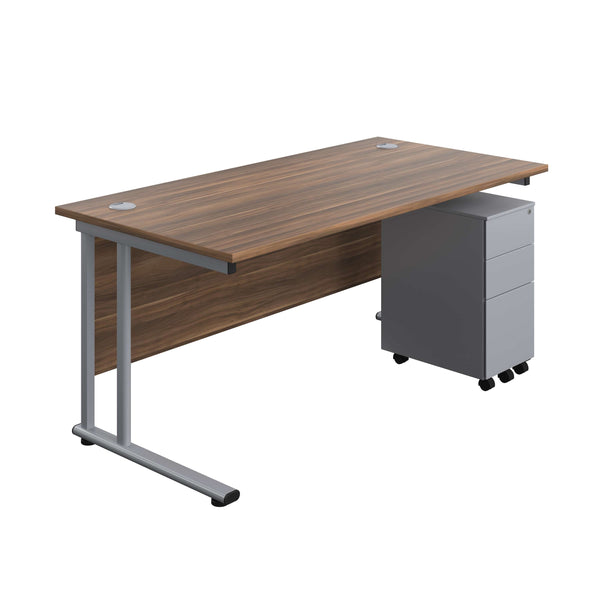 Twin Upright Rectangular Desk + Slimline Steel Pedestal 3 Drawers (FSC) | 1600X800 | Dark Walnut/Silver