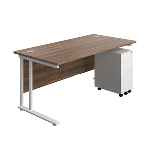 Twin Upright Rectangular Desk + Slimline Steel Pedestal 3 Drawers (FSC) | 1600X800 | Dark Walnut/White