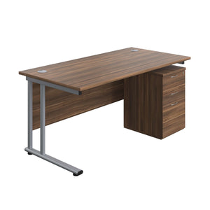 Twin Upright Rectangular Desk + High Mobile Pedestal 3 Drawer (FSC) | 1600X800 | Dark Walnut/Silver