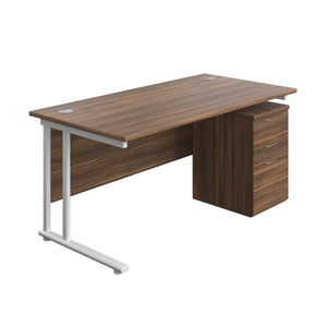 Twin Upright Rectangular Desk + High Mobile Pedestal 3 Drawer (FSC) | 1600X800 | Dark Walnut/White