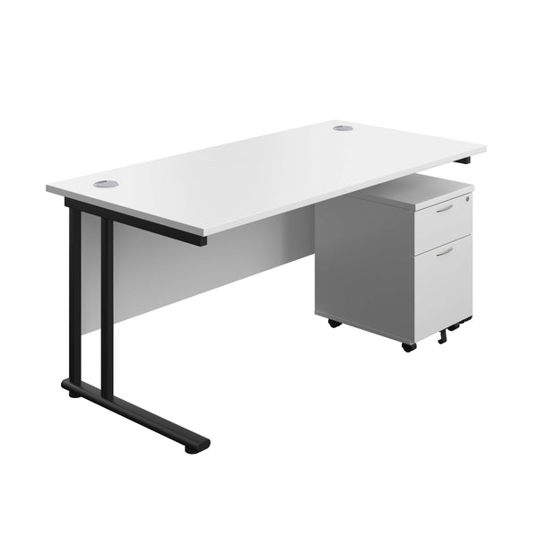 Twin Upright Rectangular Desk + Mobile 2 Drawer Pedestal (FSC) | 1600X800 | White/Black