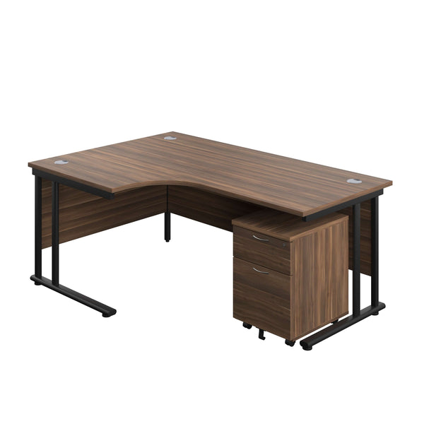 Twin Upright Left Hand Radial Desk + Mobile 2 Drawer Pedestal (FSC) | 1800X1200 | Dark Walnut/Black