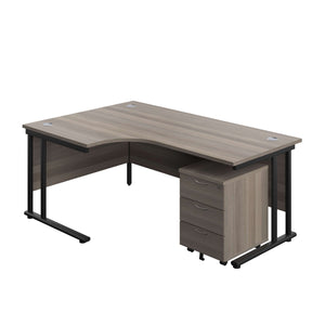 Twin Upright Left Hand Radial Desk + Mobile 3 Drawer Pedestal (FSC) | 1800X1200 | Grey Oak/Black