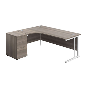 Twin Upright Left Hand Radial Desk + Desk High 3 Drawer Pedestal (FSC) | 1800X1200 | 600mm Deep Pedestal | Grey Oak/White