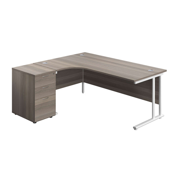 Twin Upright Left Hand Radial Desk + Desk High 3 Drawer Pedestal (FSC) | 1800X1200 | 600mm Deep Pedestal | Grey Oak/White