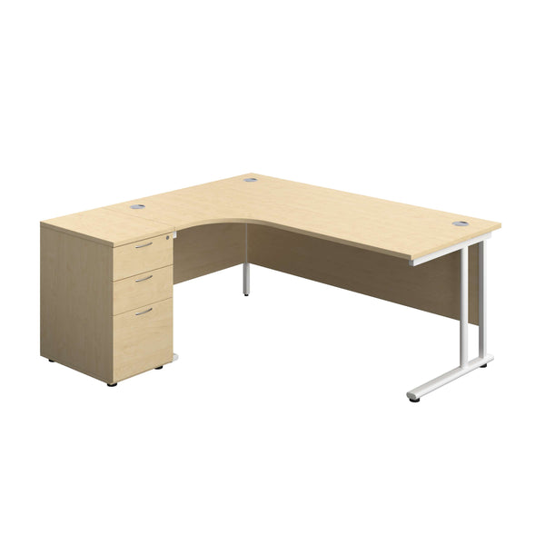 Twin Upright Left Hand Radial Desk + Desk High 3 Drawer Pedestal (FSC) | 1800X1200 | 600mm Deep Pedestal | Maple/White