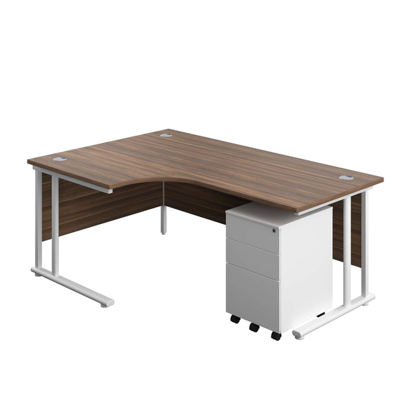 Twin Upright Left Hand Radial Desk + Under Desk Steel Pedestal 3 Drawers (FSC) | 1800X1200 | Dark Walnut/White