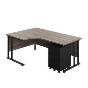 Twin Upright Left Hand Radial Desk + Under Desk Steel Pedestal 3 Drawers (FSC) | 1800X1200 | Grey Oak/Black